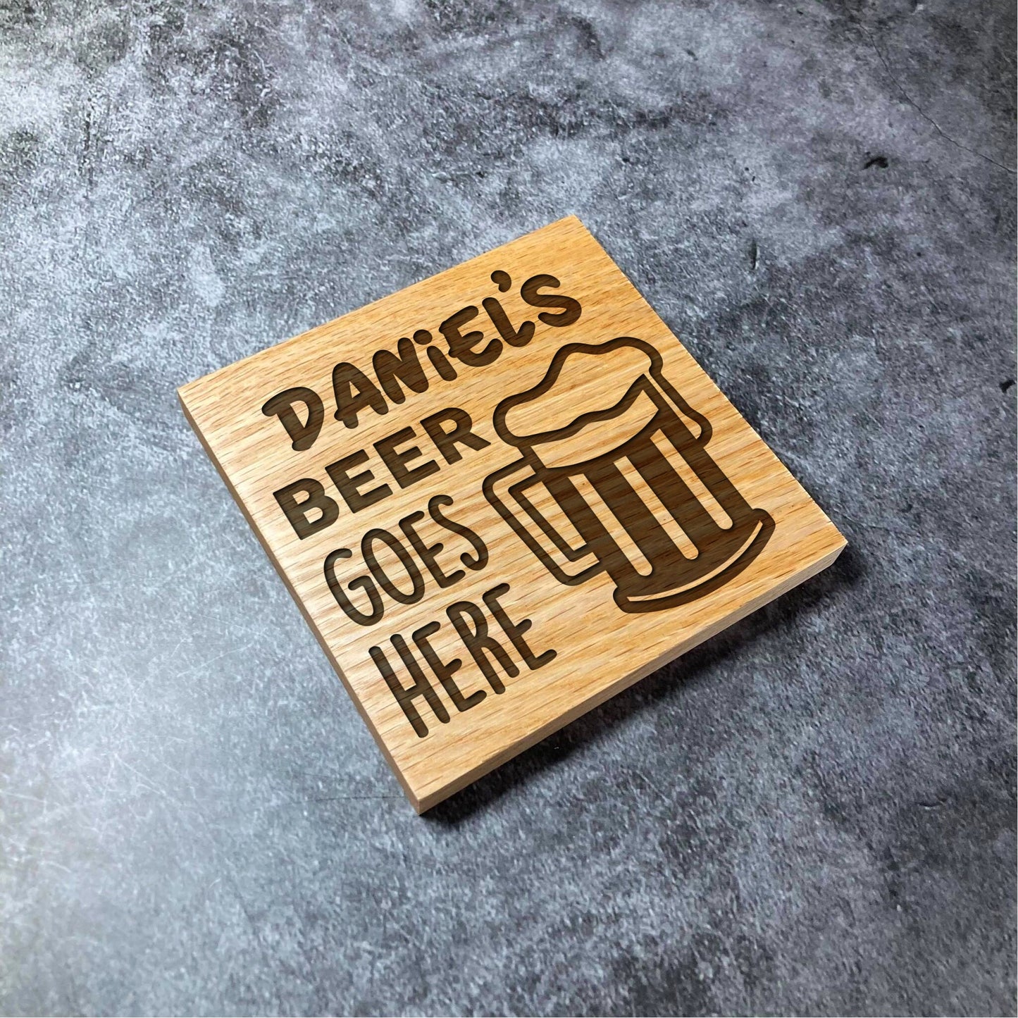 Custom Beer Goes Here Coaster - Deluxe Varnished Oak Wood - Name Pint Lager Alcohol - Personalised Laser Engraved Square Wood Coasters