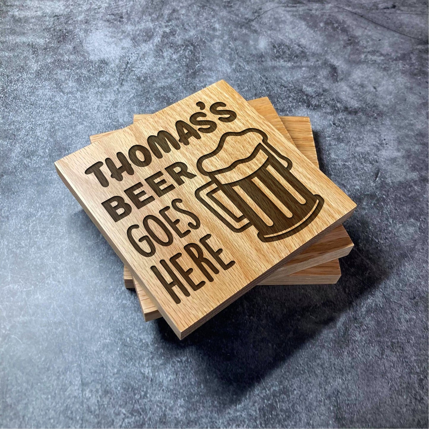 Custom Beer Goes Here Coaster - Deluxe Varnished Oak Wood - Name Pint Lager Alcohol - Personalised Laser Engraved Square Wood Coasters