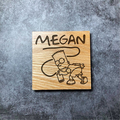 Custom The Simpsons Coaster - Bart Graffiti Spray Paint Name - Deluxe Varnished Oak Wood - Personalised Laser Engraved Square Wood Coasters