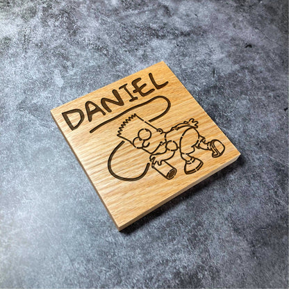 Custom The Simpsons Coaster - Bart Graffiti Spray Paint Name - Deluxe Varnished Oak Wood - Personalised Laser Engraved Square Wood Coasters