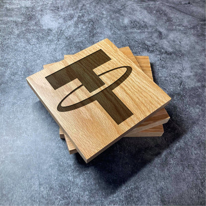 Tether USDT Icon Coaster - Deluxe Varnished Oak Wood - Laser Engraved Crypto Cryptocurrency Blockchain Logo Square Wood Coasters