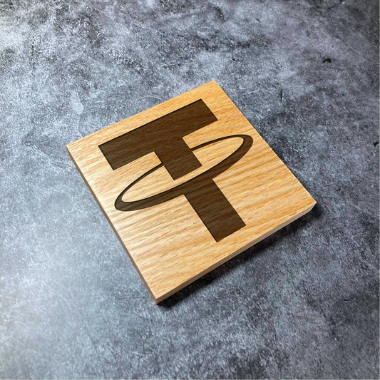 Tether USDT Icon Coaster - Deluxe Varnished Oak Wood - Laser Engraved Crypto Cryptocurrency Blockchain Logo Square Wood Coasters