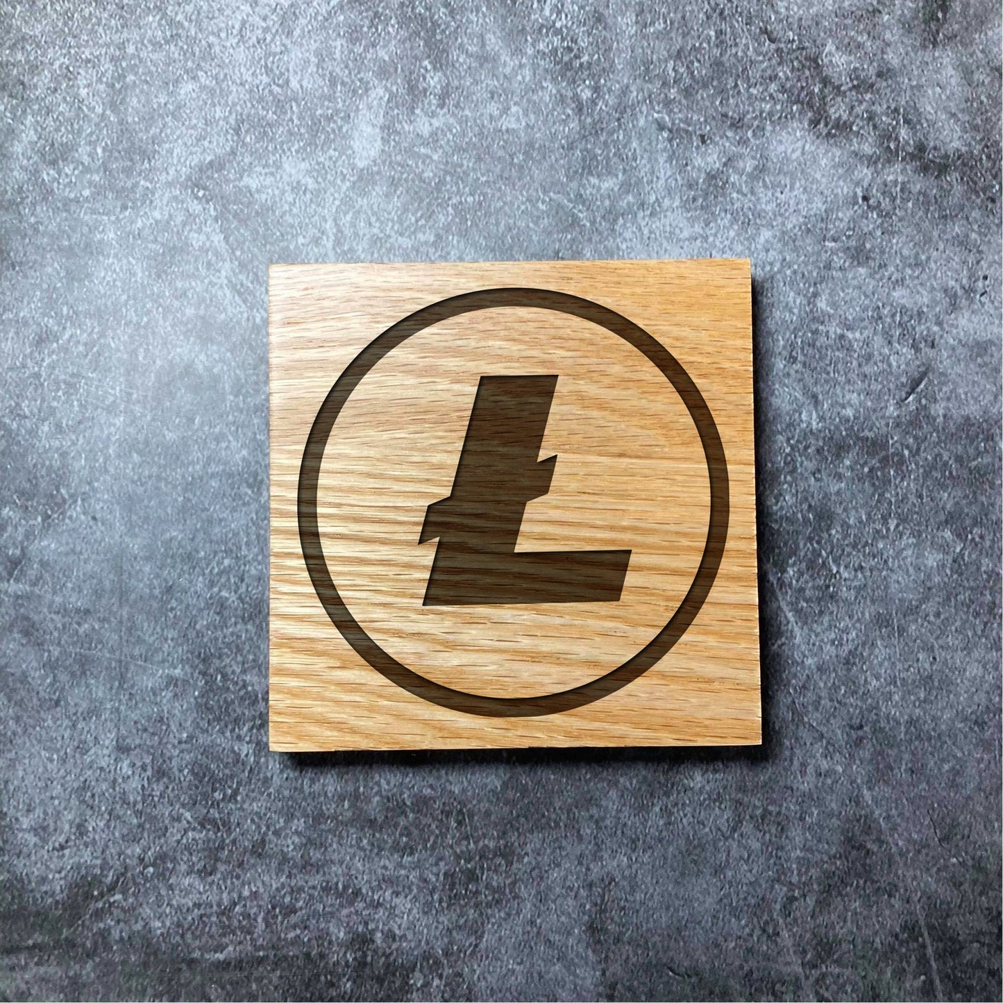 Litecoin LTC Icon Coaster - Deluxe Varnished Oak Wood - Laser Engraved Crypto Cryptocurrency Blockchain Logo Square Wood Coasters