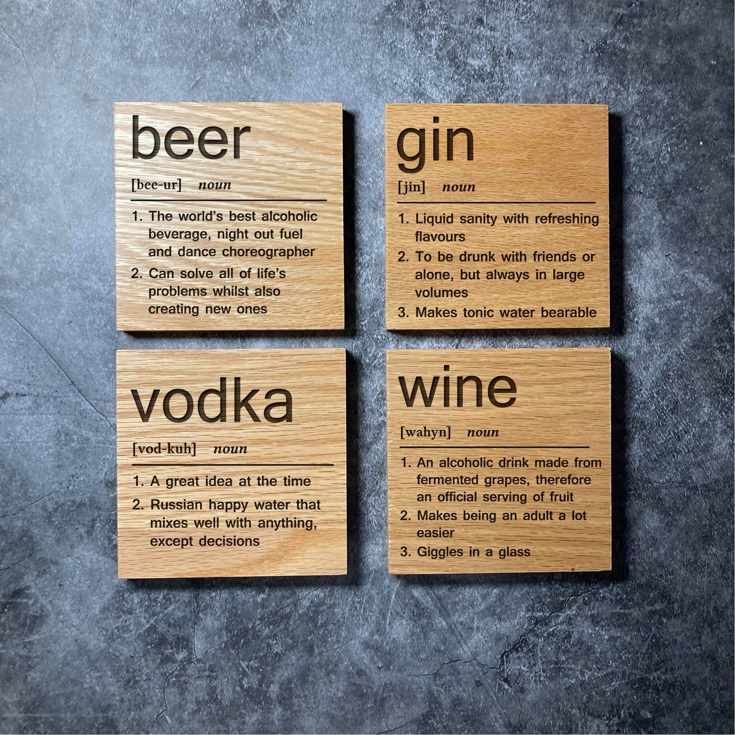 Alcohol Definition Coasters - Deluxe Varnished Oak Wood - Funny Dictionary Word Meaning - Laser Engraved Square Wood Coaster - Home Decor