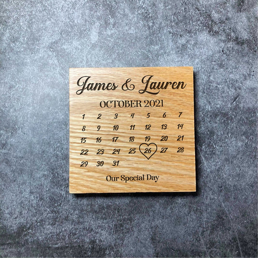 Custom Anniversary Calendar Coaster - Personalised Names & Date - Deluxe Varnished Oak Wood - Laser Engraved Square Coasters