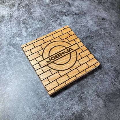 Custom London Underground Coaster - Any Name - Deluxe Varnished Oak Wood - Personalised Name Engraved Square Wood Coasters