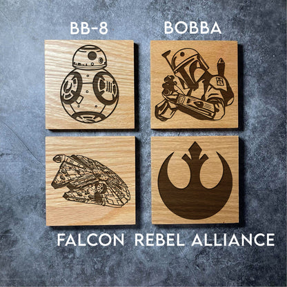 Star Wars Coasters - 16 Unique Designs - Deluxe Varnished Oak Wood Coaster - Laser Engraved Square Wooden Coasters