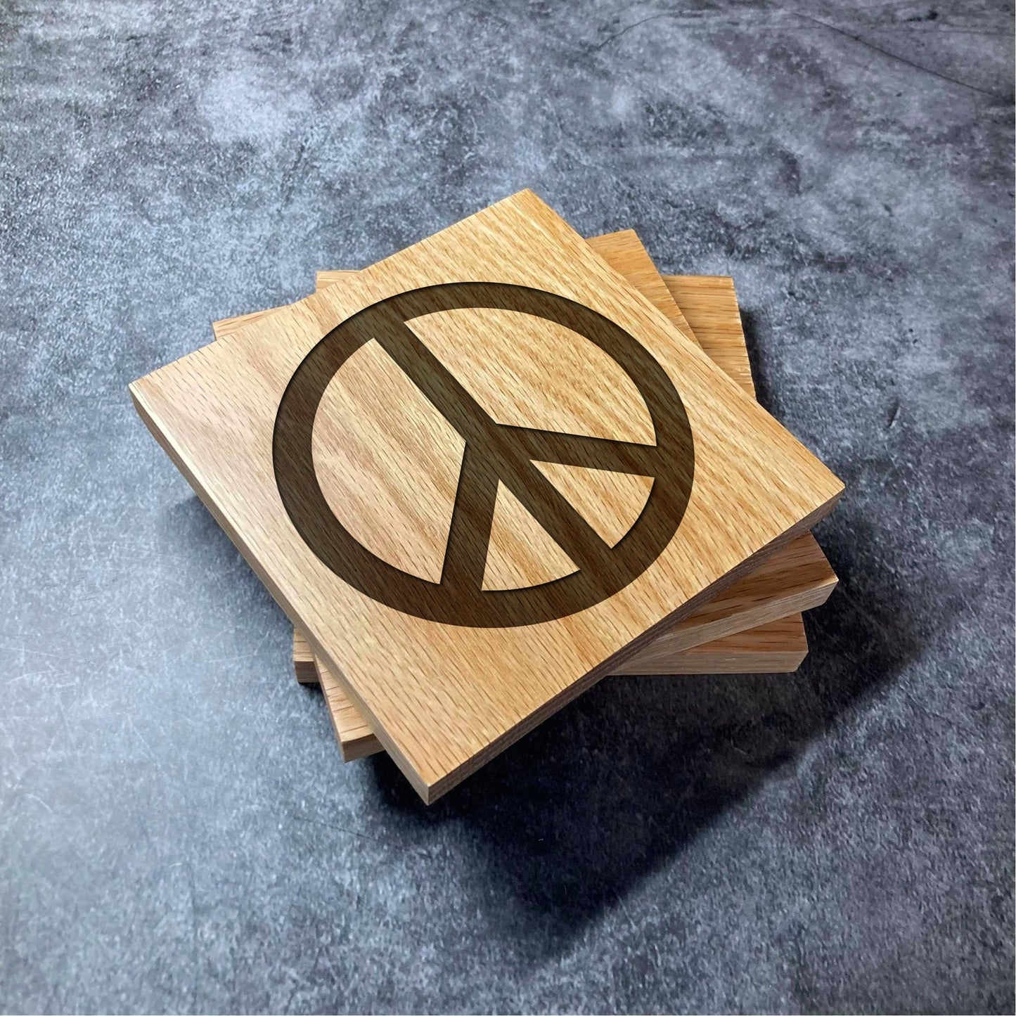 Peace Symbol Coaster Wood - Deluxe Varnished Oak - Peace Love Unity Spiritual Hippie Hippy  - Laser Engraved Square Coasters