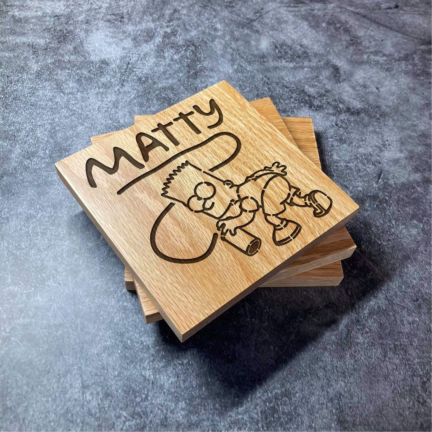 Custom The Simpsons Coaster - Bart Graffiti Spray Paint Name - Deluxe Varnished Oak Wood - Personalised Laser Engraved Square Wood Coasters