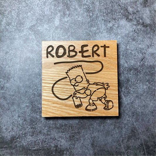 Custom The Simpsons Coaster - Bart Graffiti Spray Paint Name - Deluxe Varnished Oak Wood - Personalised Laser Engraved Square Wood Coasters