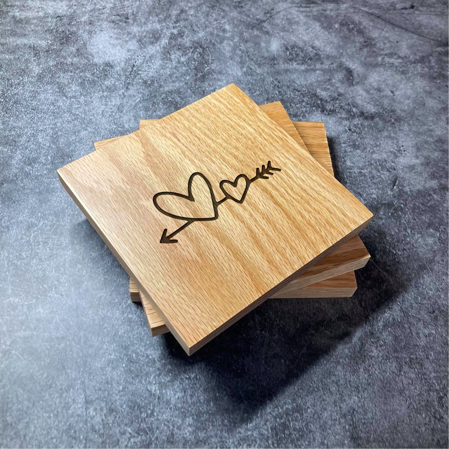 Cute Valentines Coaster - Heart Hearts Arrow Cupid - Deluxe Varnished Oak Wood - Laser Engraved Square Wood Coasters