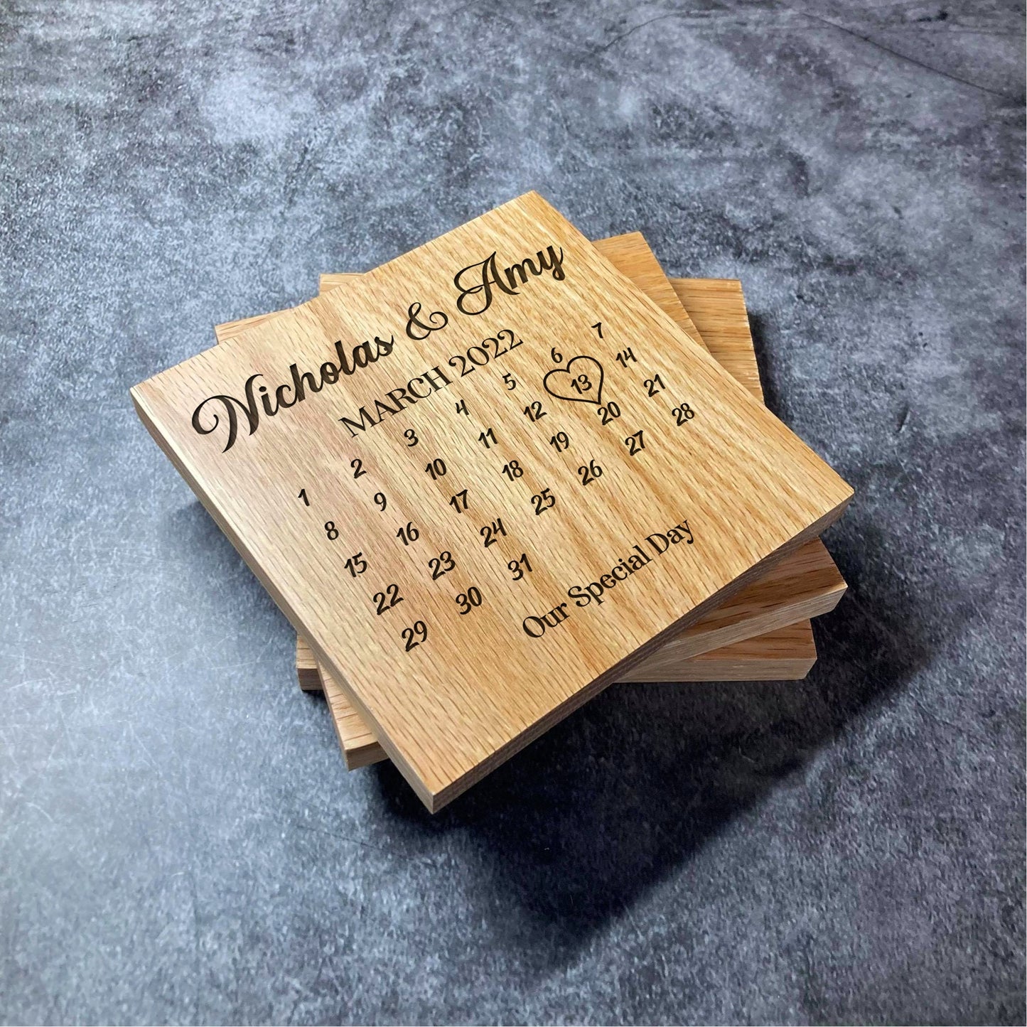 Custom Anniversary Calendar Coaster - Personalised Names & Date - Deluxe Varnished Oak Wood - Laser Engraved Square Coasters