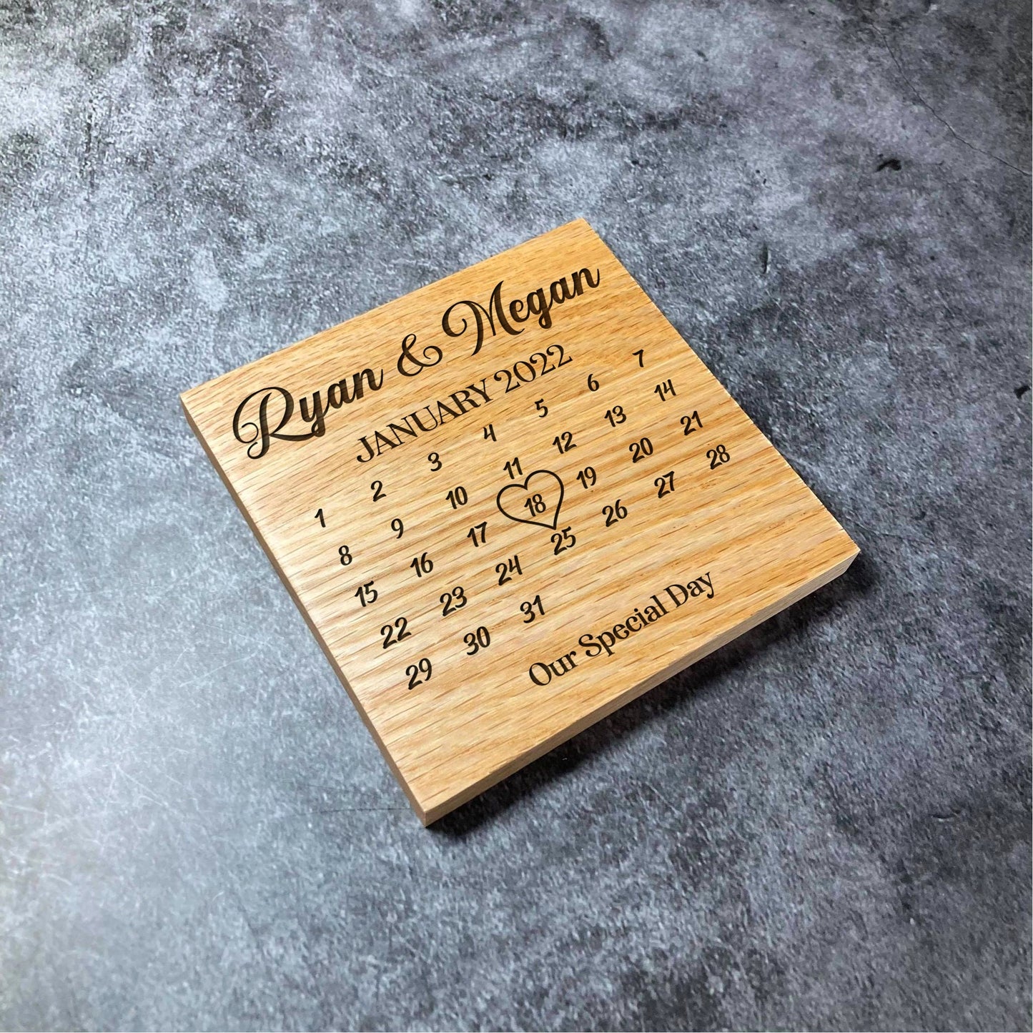 Custom Anniversary Calendar Coaster - Personalised Names & Date - Deluxe Varnished Oak Wood - Laser Engraved Square Coasters