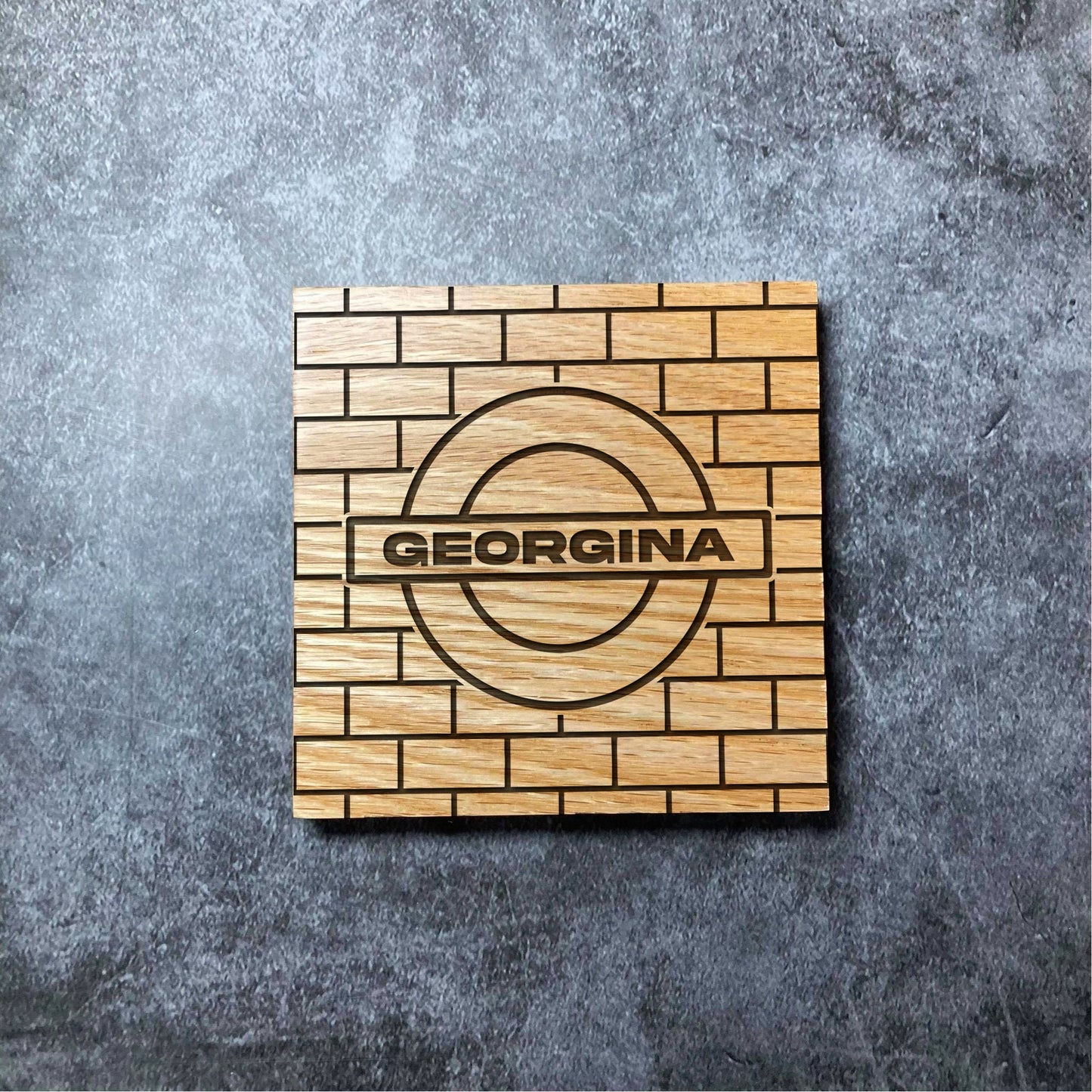 Custom London Underground Coaster - Any Name - Deluxe Varnished Oak Wood - Personalised Name Engraved Square Wood Coasters