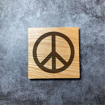 Peace Symbol Coaster Wood - Deluxe Varnished Oak - Peace Love Unity Spiritual Hippie Hippy  - Laser Engraved Square Coasters