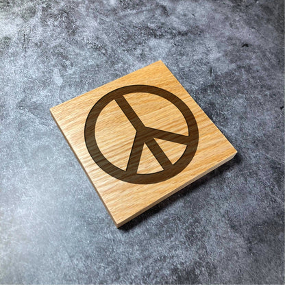 Peace Symbol Coaster Wood - Deluxe Varnished Oak - Peace Love Unity Spiritual Hippie Hippy  - Laser Engraved Square Coasters