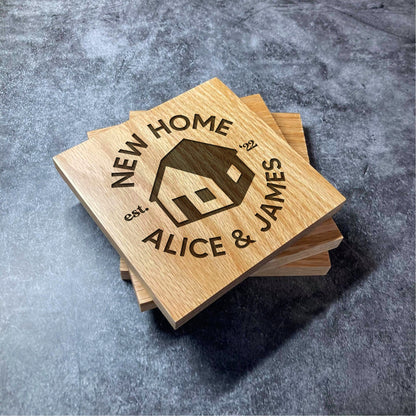 Custom New Home Couples Coaster - Deluxe Varnished Oak - Personalised Couple Two Names Your Name Year - Laser Engraved Square Wood Coasters