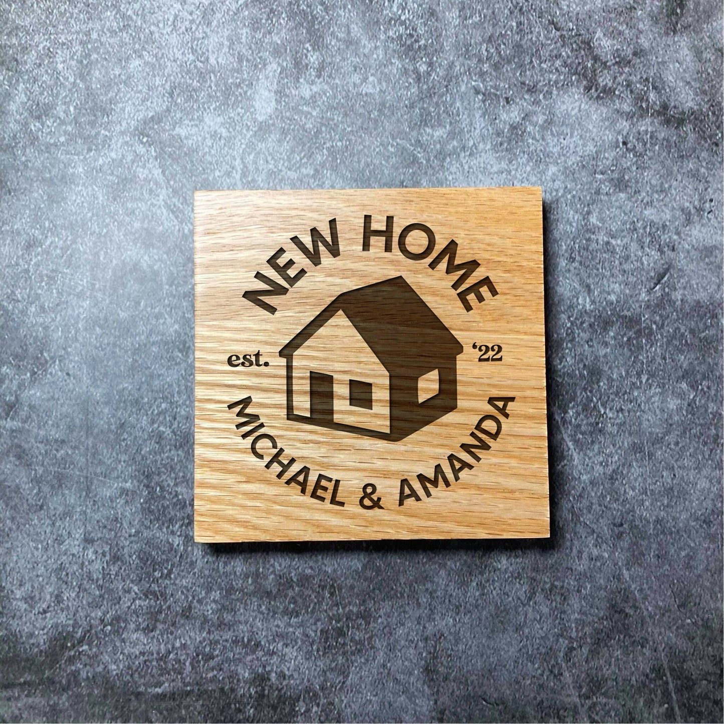 Custom New Home Couples Coaster - Deluxe Varnished Oak - Personalised Couple Two Names Your Name Year - Laser Engraved Square Wood Coasters