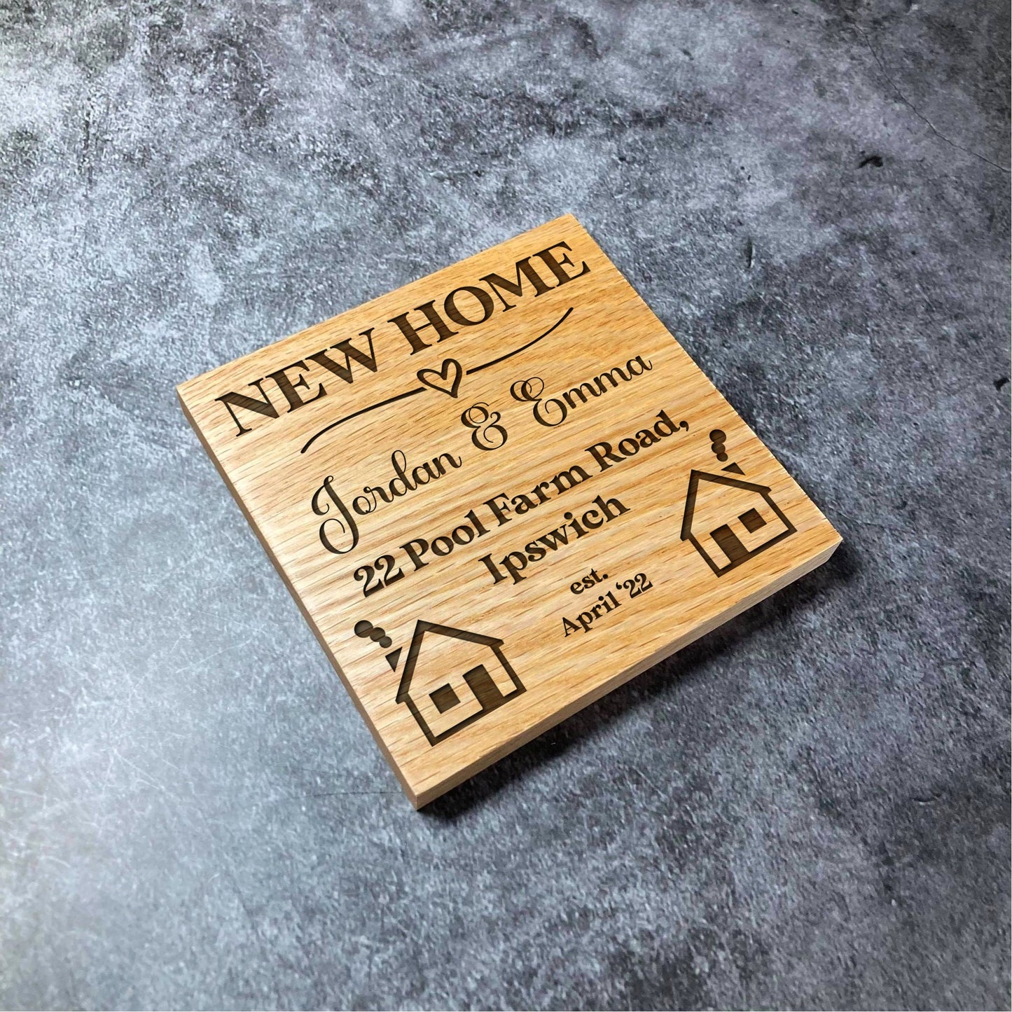 Custom New Home Coaster - Personalised Names & Date - Deluxe Varnished Oak Wood - Laser Engraved Disney Heart Square Coasters