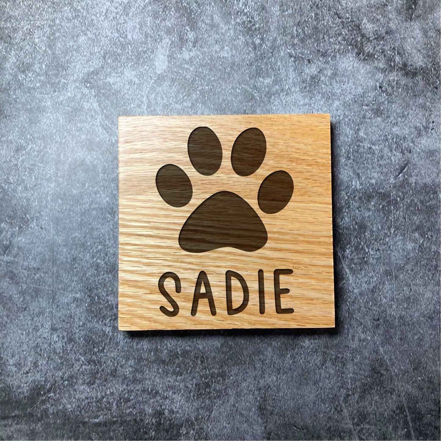 Custom Pet Name + Paw Print Coaster - Deluxe Varnished Oak - Personalised Pet Name - Laser Engraved Square Wood Coasters