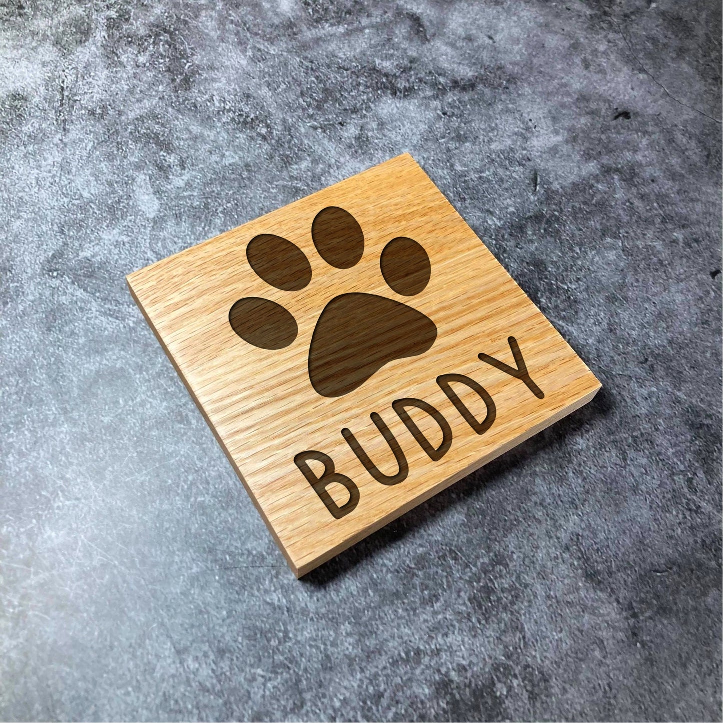 Custom Pet Name + Paw Print Coaster - Deluxe Varnished Oak - Personalised Pet Name - Laser Engraved Square Wood Coasters