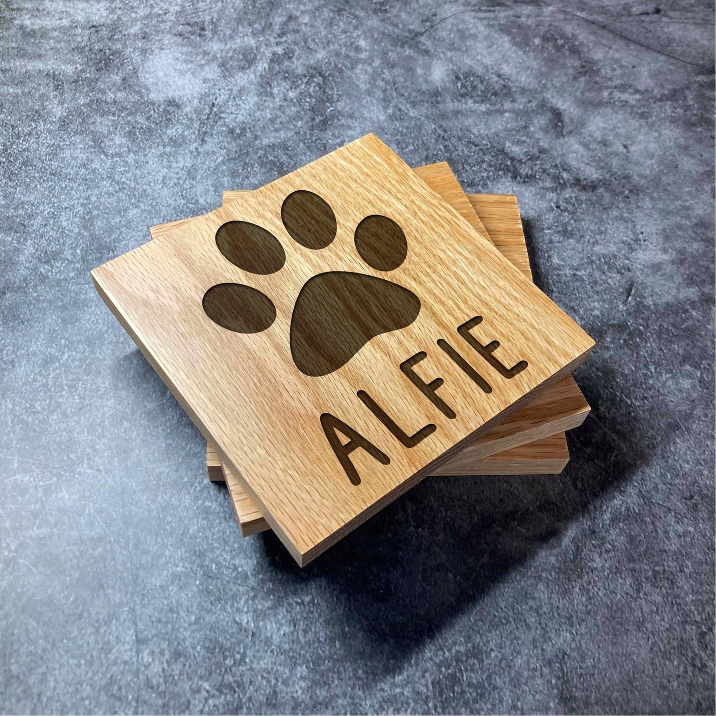 Custom Pet Name + Paw Print Coaster - Deluxe Varnished Oak - Personalised Pet Name - Laser Engraved Square Wood Coasters