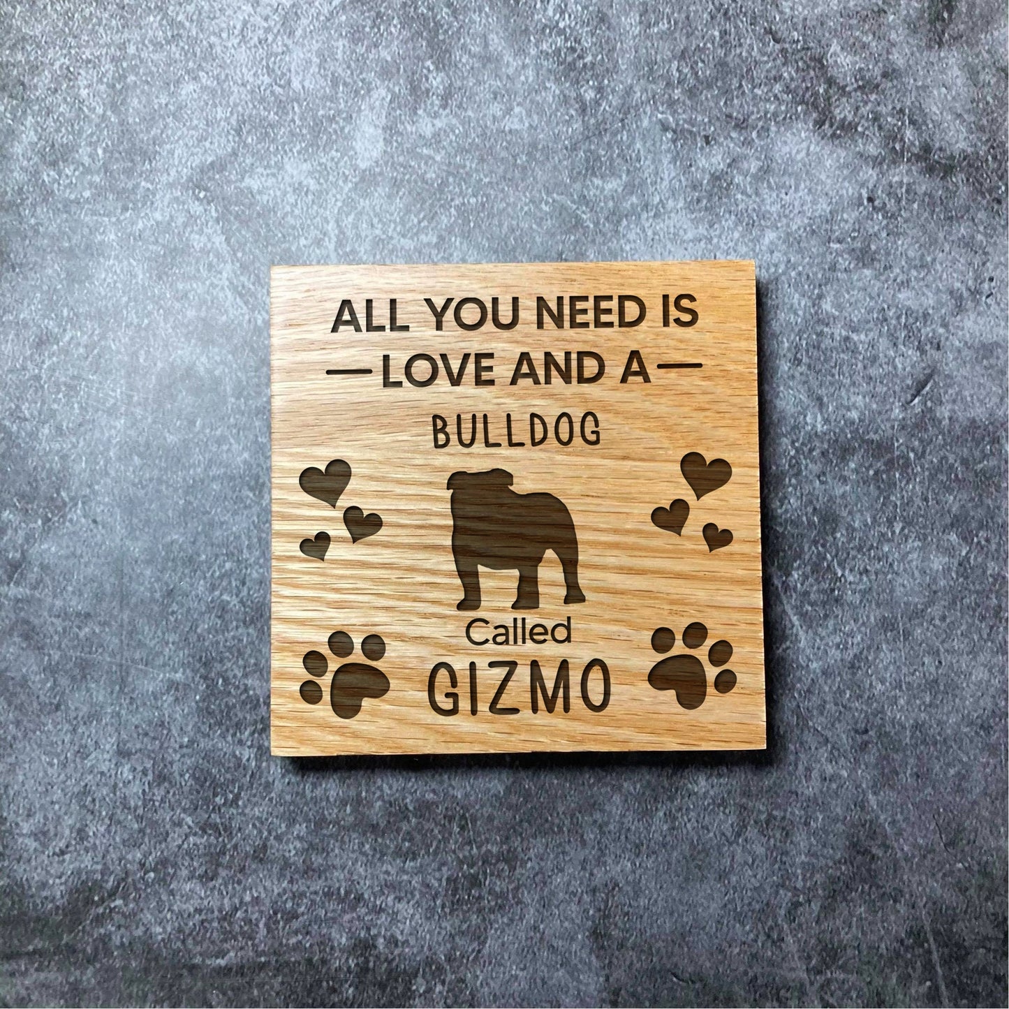 Custom Pet Dog Coaster - Deluxe Varnished Oak - All You Need Is Love - Personalised Pet Name & Breed - Laser Engraved Square Wood Coasters