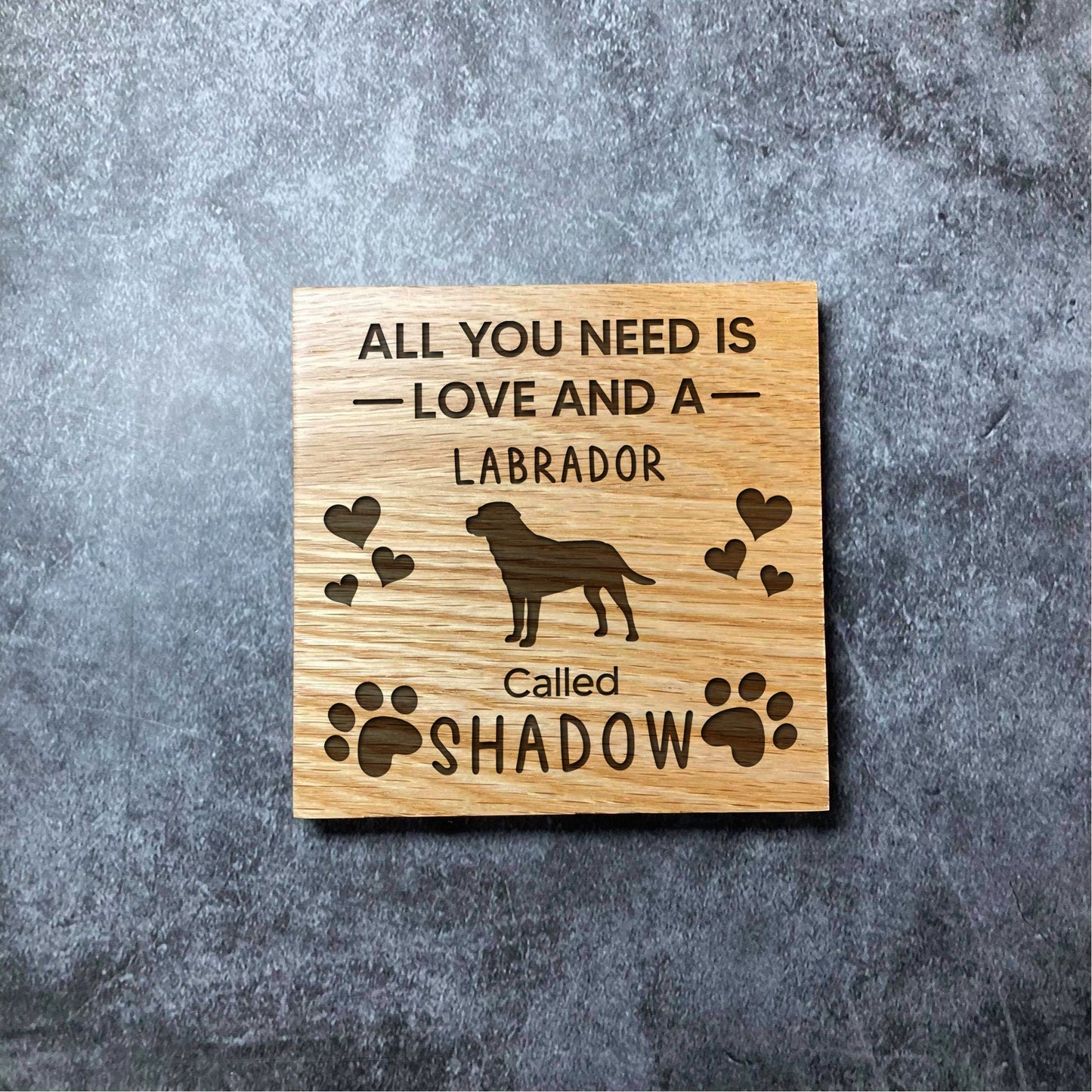 Custom Pet Dog Coaster - Deluxe Varnished Oak - All You Need Is Love - Personalised Pet Name & Breed - Laser Engraved Square Wood Coasters