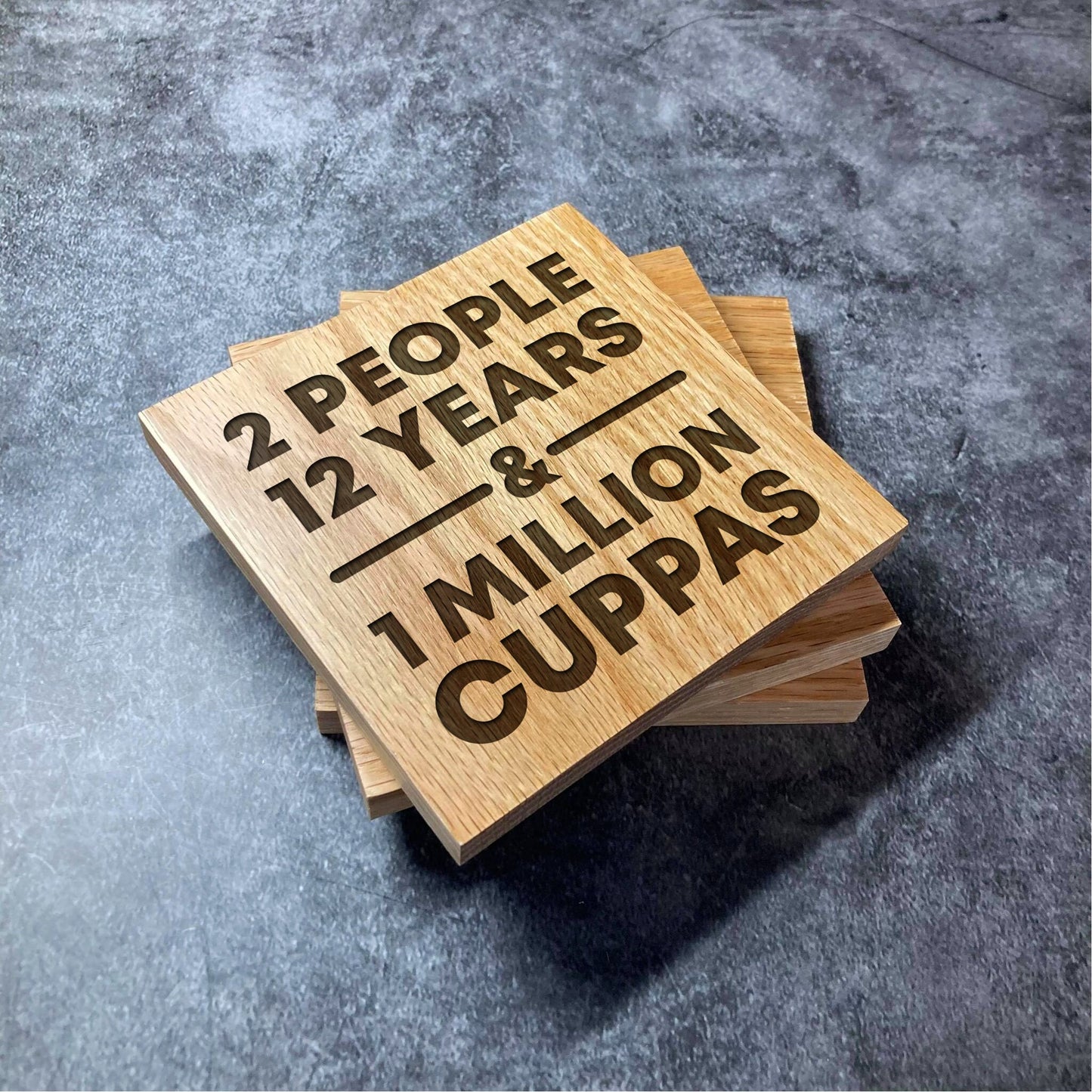 Custom Valentines Anniversary Coaster - 2 People X Years 1 Million X - Deluxe Varnished Oak Wood - Personalised Laser Engraved Coasters