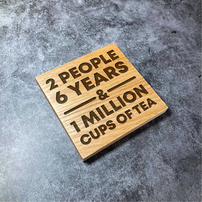 Custom Valentines Anniversary Coaster - 2 People X Years 1 Million X - Deluxe Varnished Oak Wood - Personalised Laser Engraved Coasters