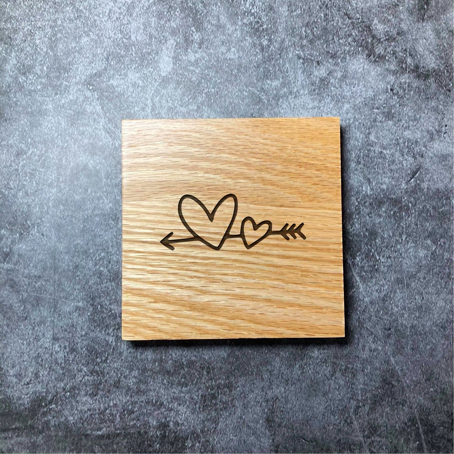 Cute Valentines Coaster - Heart Hearts Arrow Cupid - Deluxe Varnished Oak Wood - Laser Engraved Square Wood Coasters