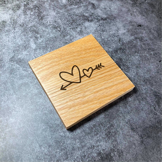 Cute Valentines Coaster - Heart Hearts Arrow Cupid - Deluxe Varnished Oak Wood - Laser Engraved Square Wood Coasters