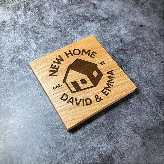 Custom New Home Couples Coaster - Deluxe Varnished Oak - Personalised Couple Two Names Your Name Year - Laser Engraved Square Wood Coasters