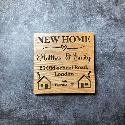 Custom New Home Coaster - Personalised Names & Date - Deluxe Varnished Oak Wood - Laser Engraved Disney Heart Square Coasters