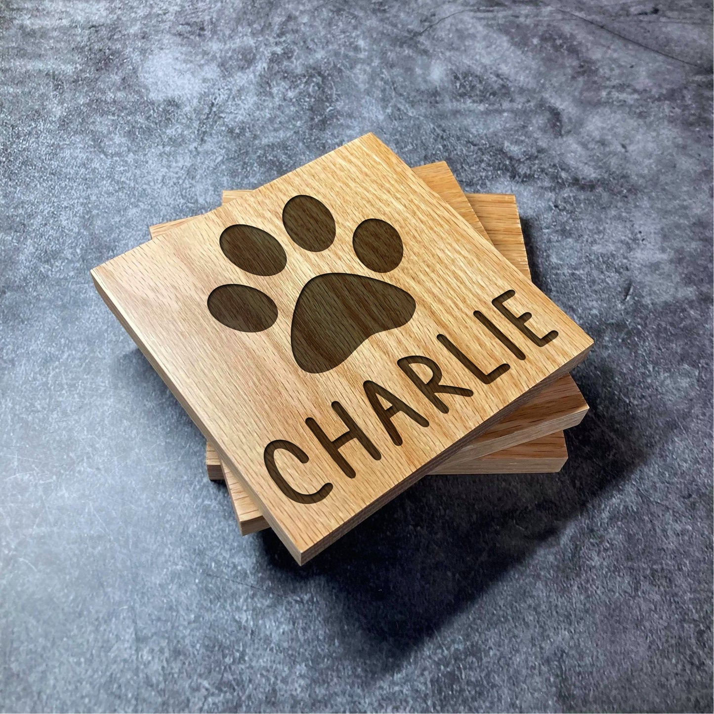 Custom Pet Name + Paw Print Coaster - Deluxe Varnished Oak - Personalised Pet Name - Laser Engraved Square Wood Coasters