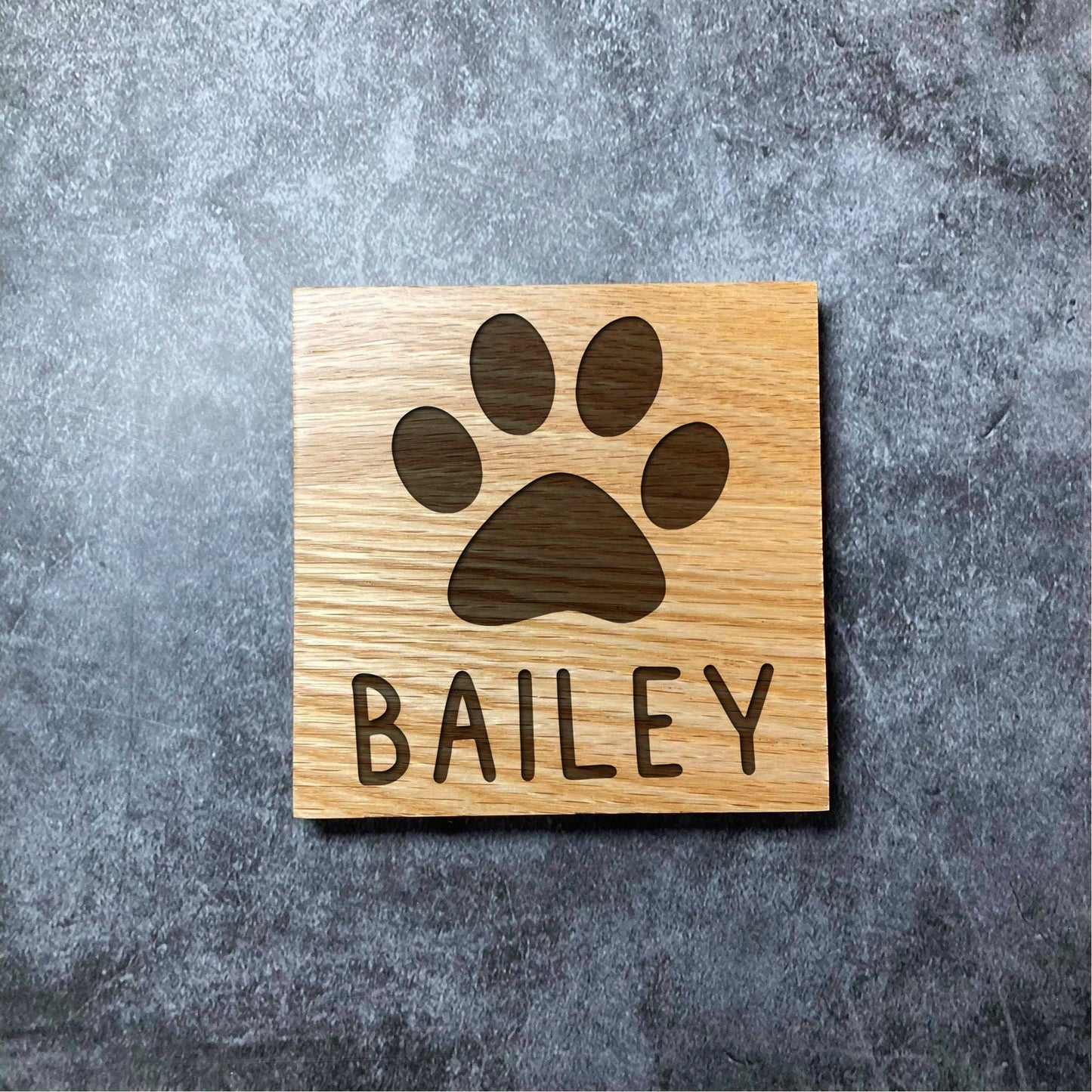 Custom Pet Name + Paw Print Coaster - Deluxe Varnished Oak - Personalised Pet Name - Laser Engraved Square Wood Coasters