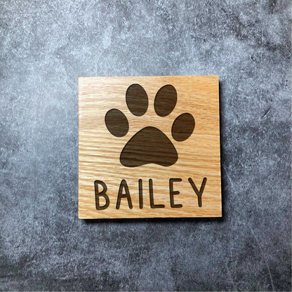 Custom Pet Name + Paw Print Coaster - Deluxe Varnished Oak - Personalised Pet Name - Laser Engraved Square Wood Coasters