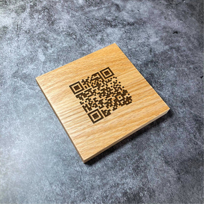 Custom QR Code Coaster - Any Link Text Email Number - Deluxe Varnished Oak Wood - Personalised Laser Engraved Square Wood Coasters