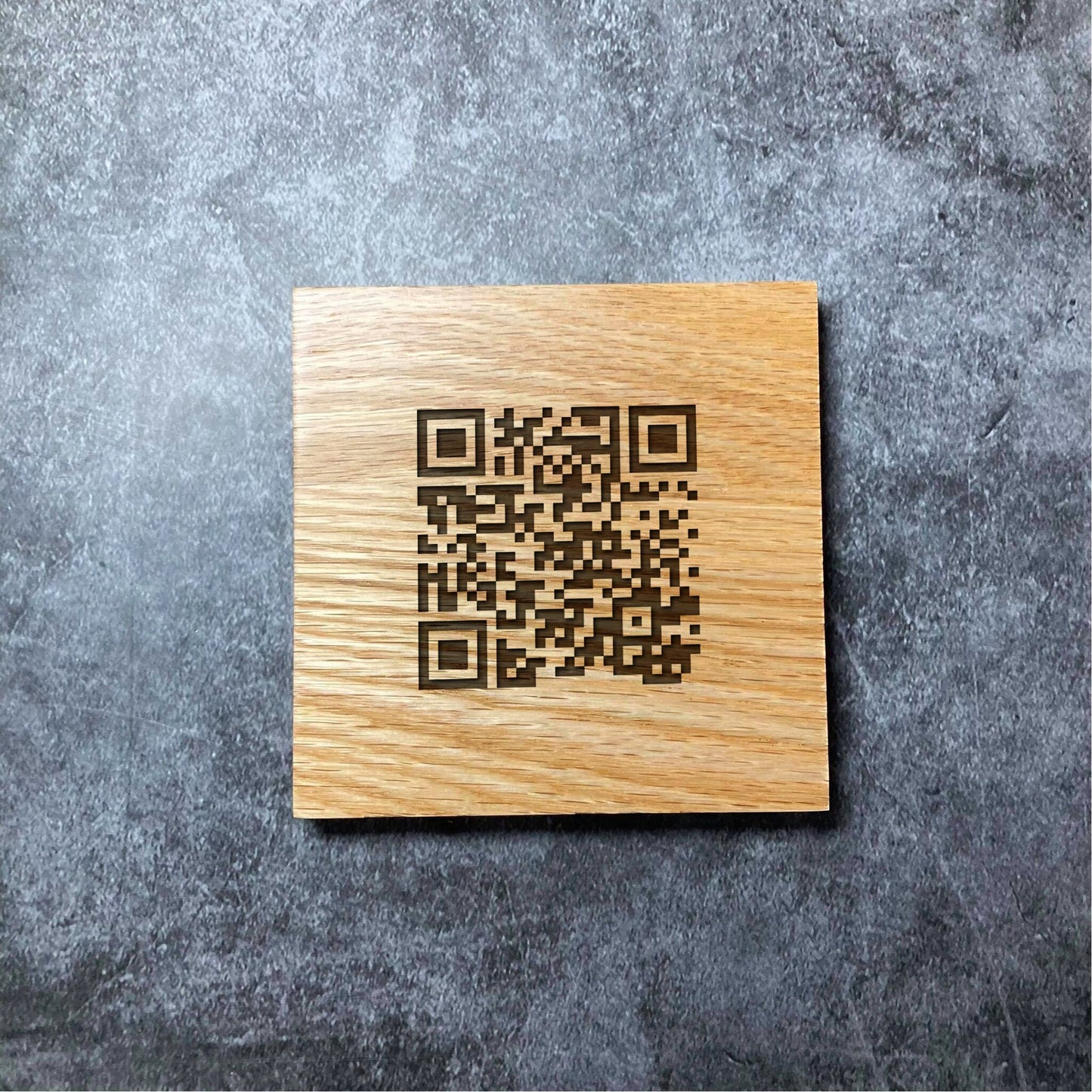 Custom QR Code Coaster - Any Link Text Email Number - Deluxe Varnished Oak Wood - Personalised Laser Engraved Square Wood Coasters