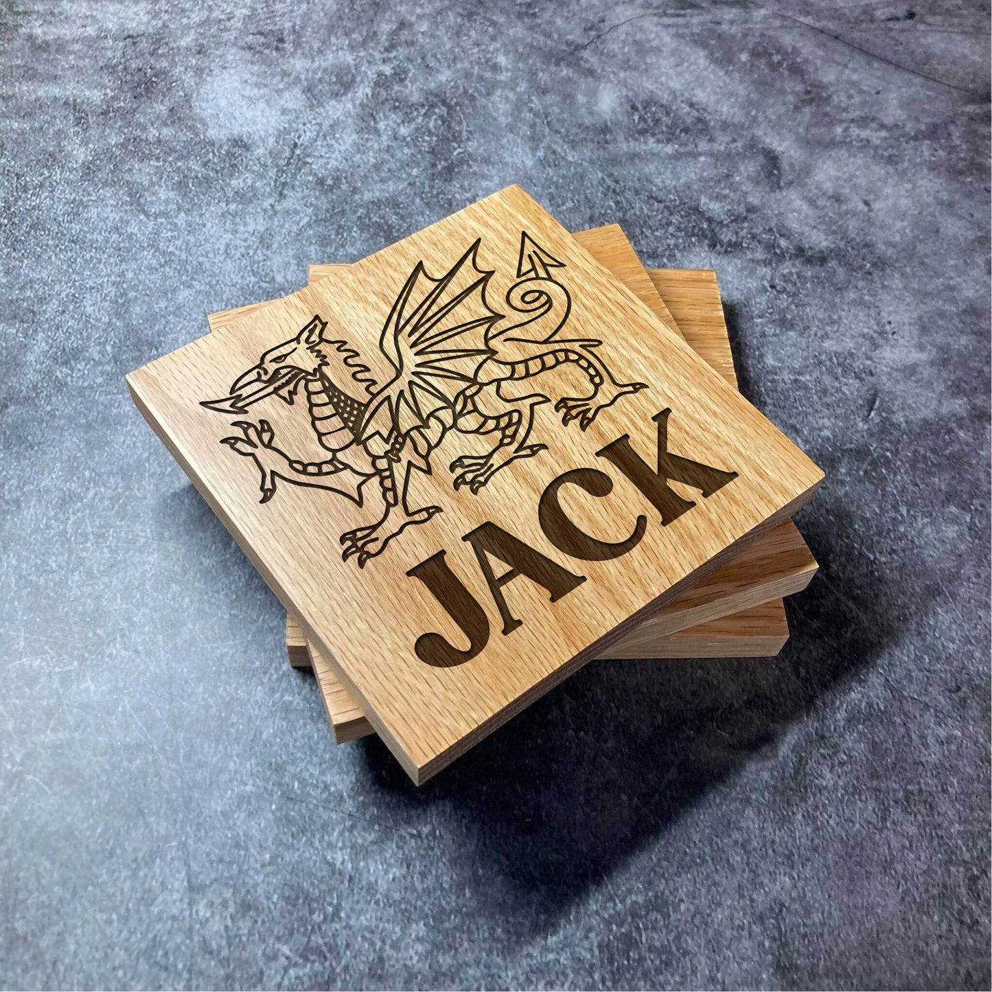 Welsh Dragon Custom Name Coaster - Deluxe Varnished Oak Wood - Wales Design - Laser Engraved Square Wood Coasters