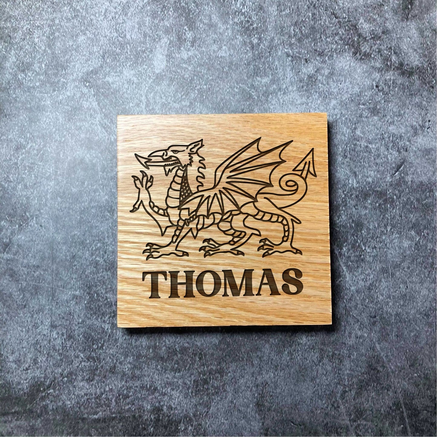 Welsh Dragon Custom Name Coaster - Deluxe Varnished Oak Wood - Wales Design - Laser Engraved Square Wood Coasters