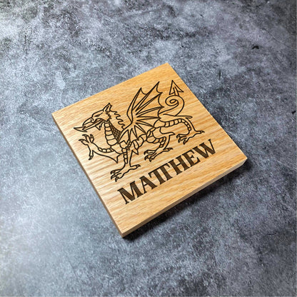 Welsh Dragon Custom Name Coaster - Deluxe Varnished Oak Wood - Wales Design - Laser Engraved Square Wood Coasters