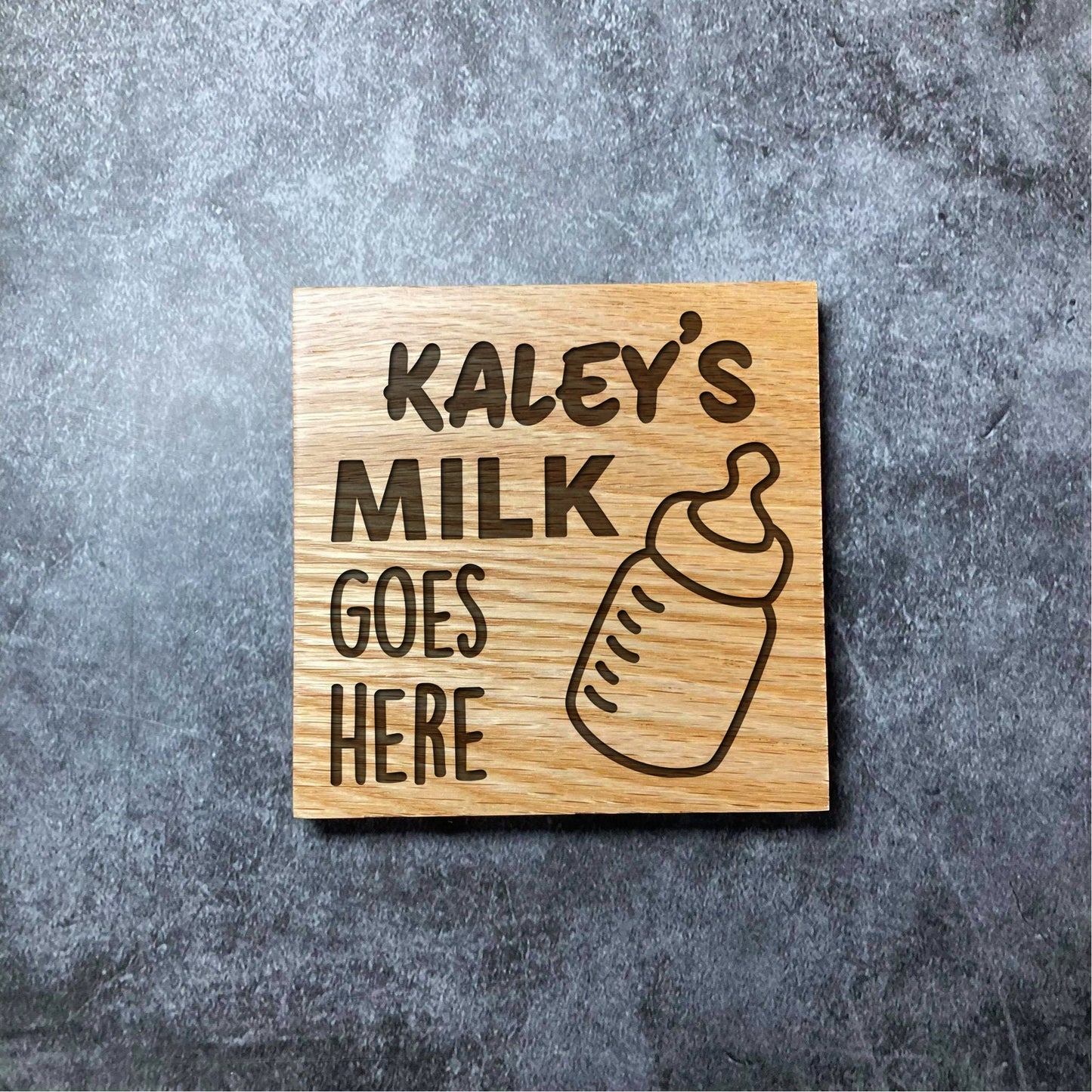 Custom Name Baby's Milk Goes Here Coaster - Deluxe Varnished Oak Wood - Personalised Baby Gift Laser Engraved Square Wood Coasters