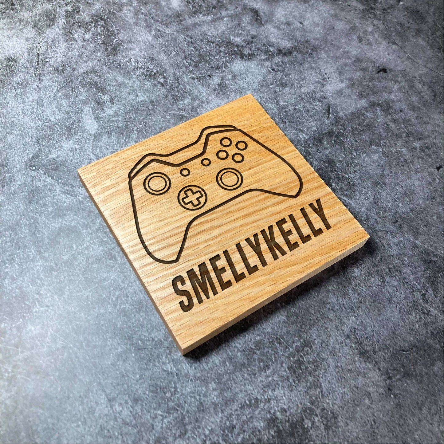 Custom Gamertag Coaster - Deluxe Varnished Oak Wood - Gamer Gaming Username Name Gift - Laser Engraved Square Wood Coasters