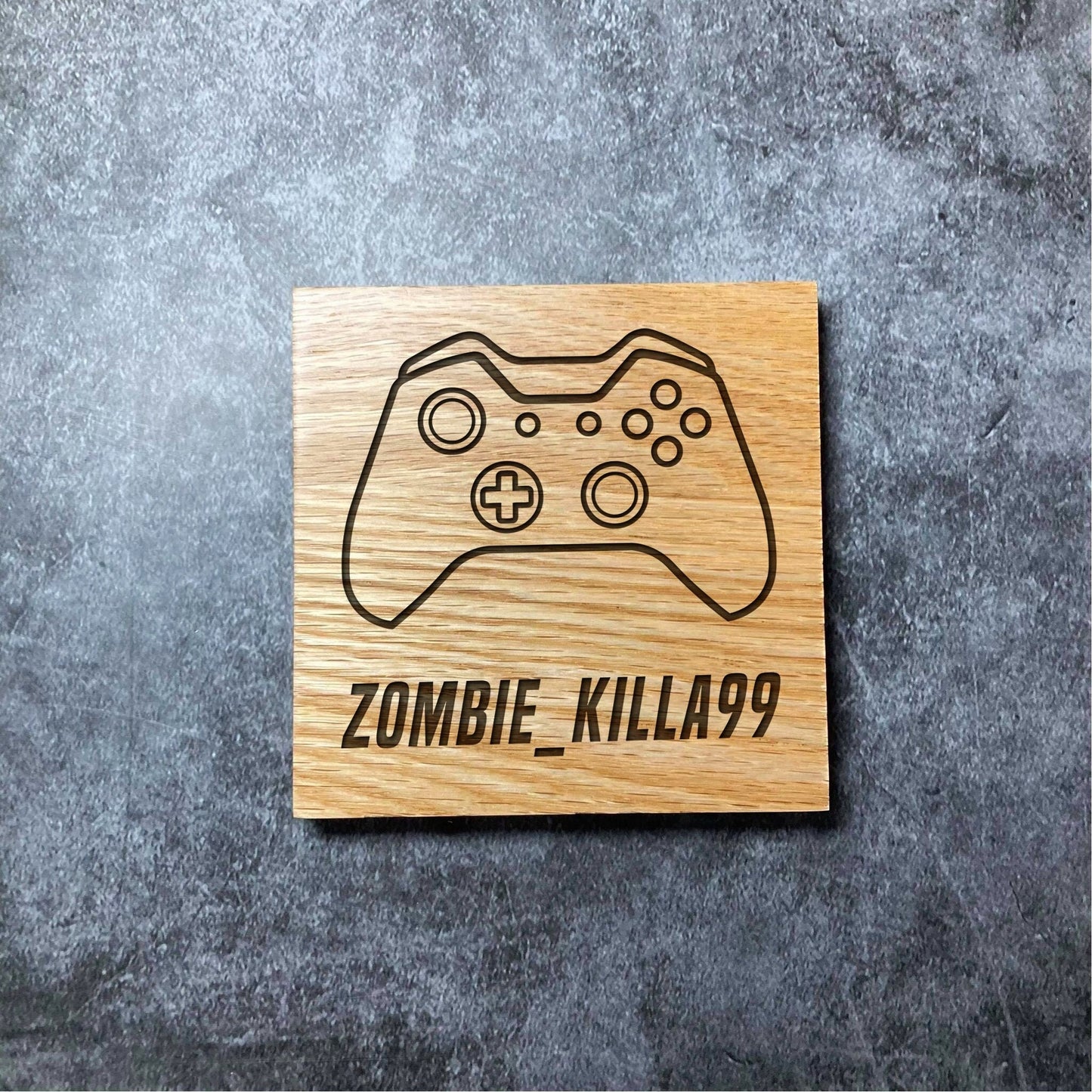 Custom Gamertag Coaster - Deluxe Varnished Oak Wood - Gamer Gaming Username Name Gift - Laser Engraved Square Wood Coasters