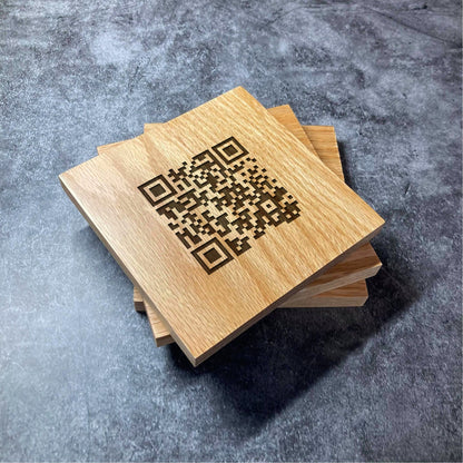 Custom QR Code Coaster - Any Link Text Email Number - Deluxe Varnished Oak Wood - Personalised Laser Engraved Square Wood Coasters