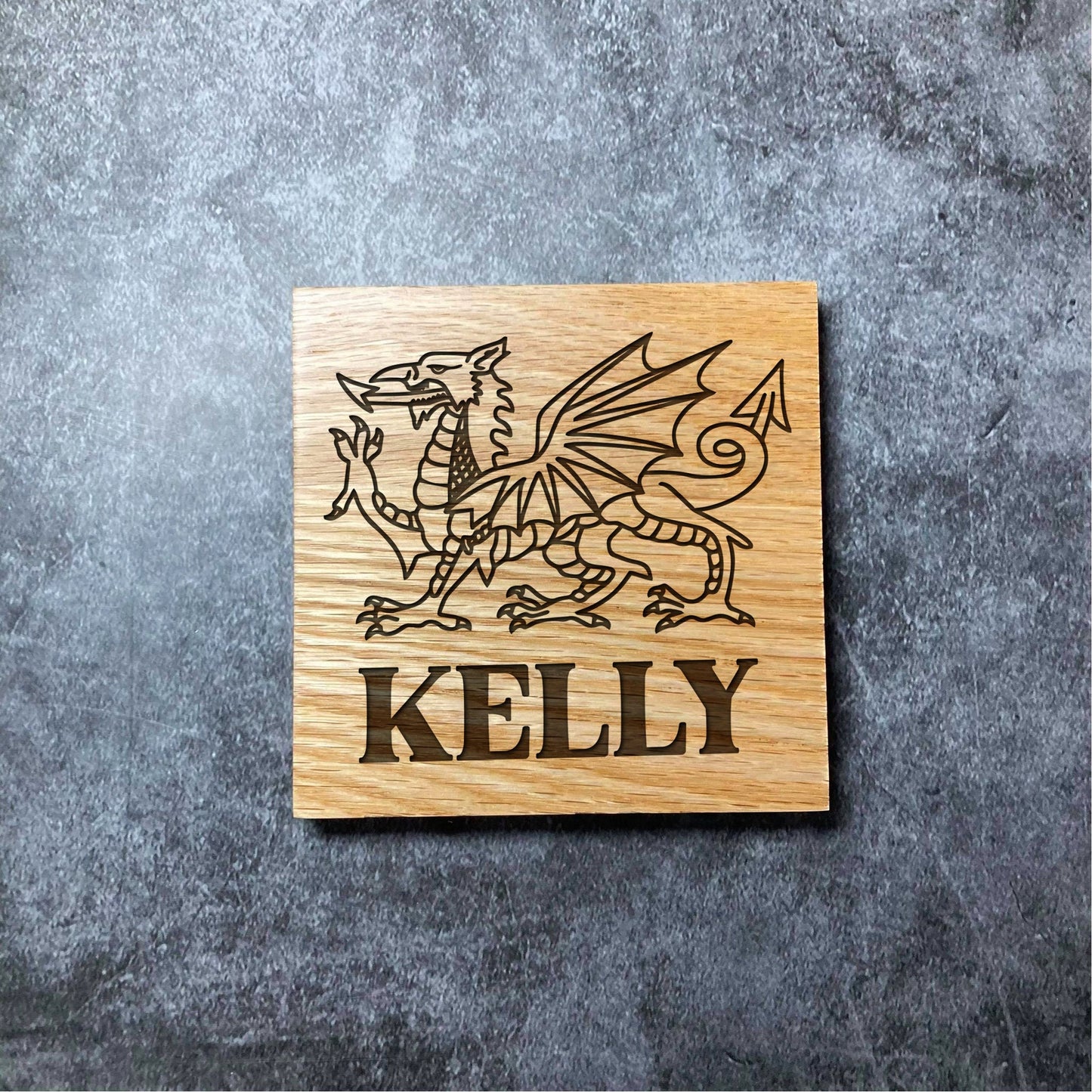 Welsh Dragon Custom Name Coaster - Deluxe Varnished Oak Wood - Wales Design - Laser Engraved Square Wood Coasters