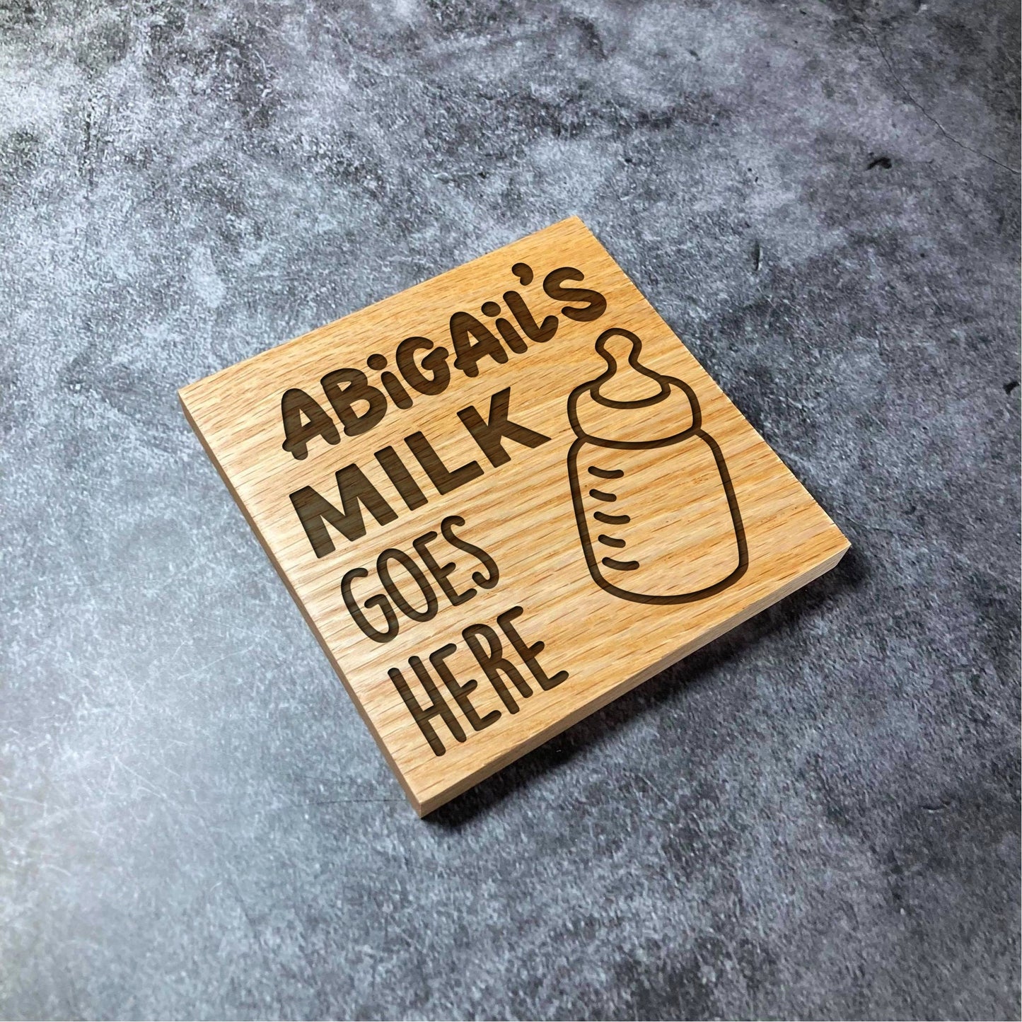 Custom Name Baby's Milk Goes Here Coaster - Deluxe Varnished Oak Wood - Personalised Baby Gift Laser Engraved Square Wood Coasters