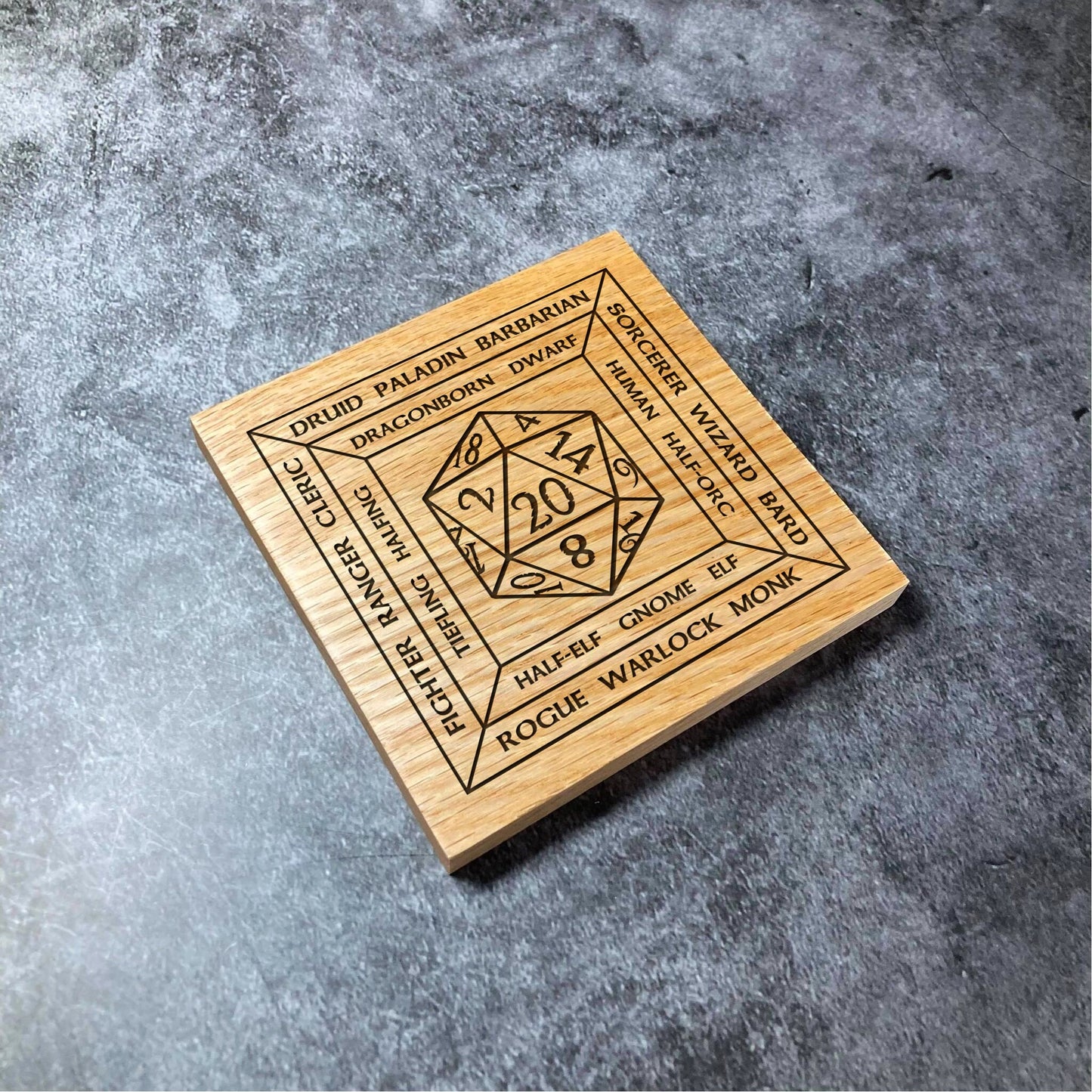 Dungeons and Dragons D20 Coaster - D&D DnD Dice Races + Classes - Deluxe Varnished Oak Wood -  Laser Engraved Square Wood Coasters