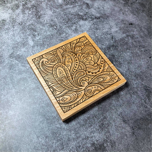 Floral Square Mandala Coaster - Deluxe Varnished Oak Wood - Nature Flower Pattern Design - Laser Engraved Square Wood Coasters